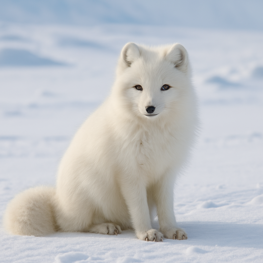 Arctic fox in winter coat standing on wind-sculpted snow