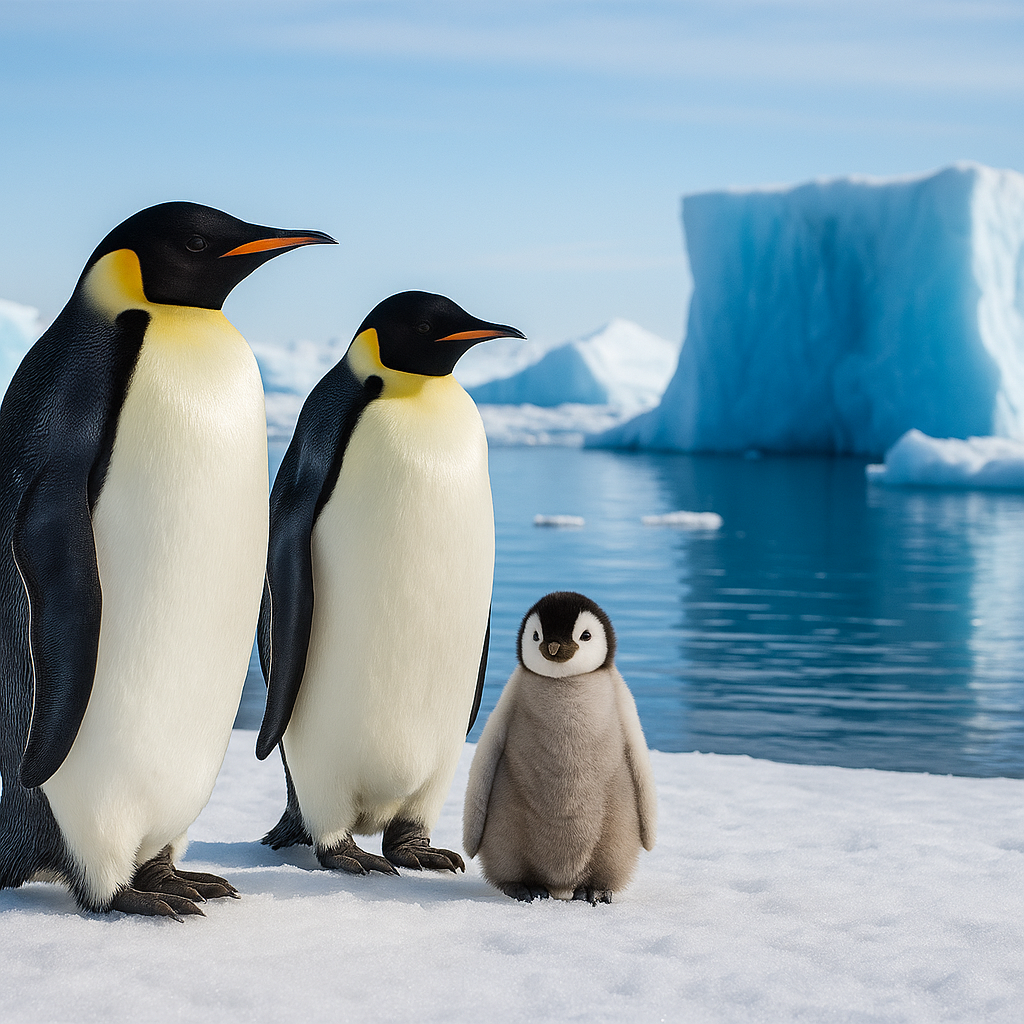 Emperor penguins huddled on sea ice with distant blue icebergs